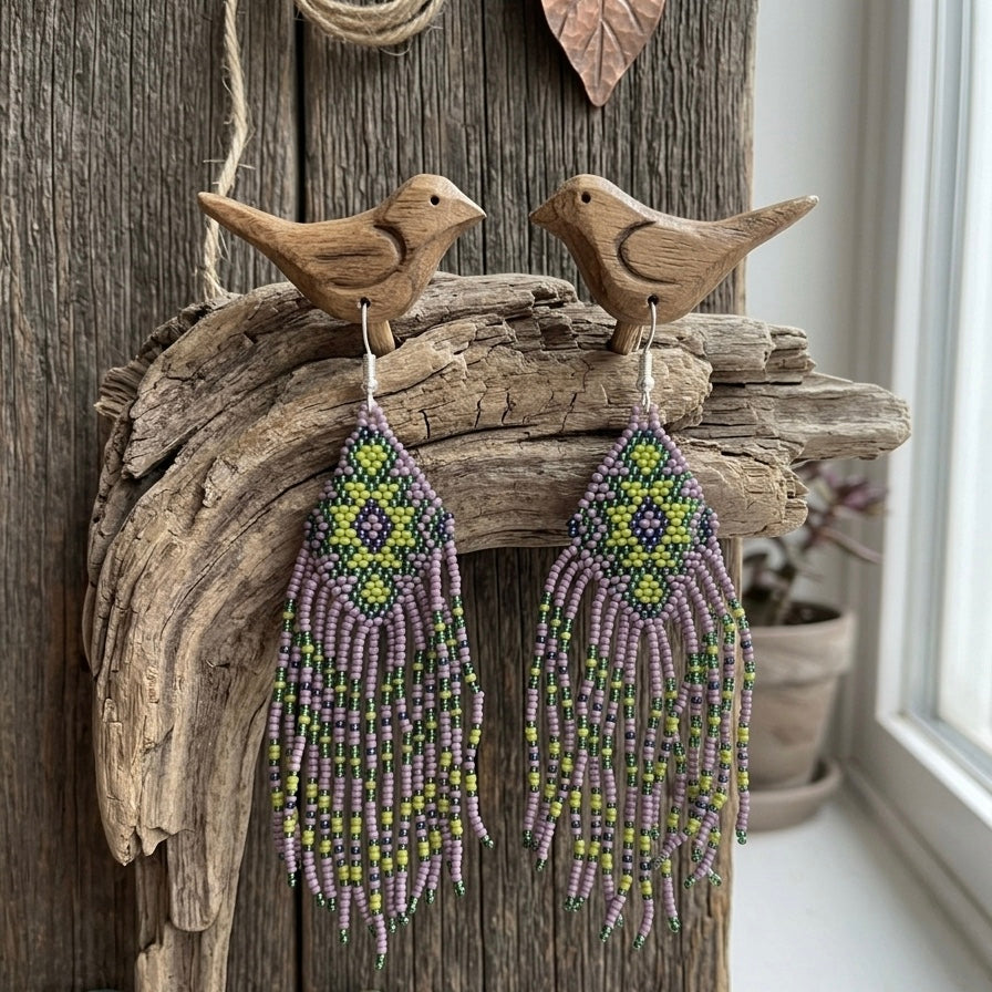 Fringe Bead Drop Earrings (Purple)