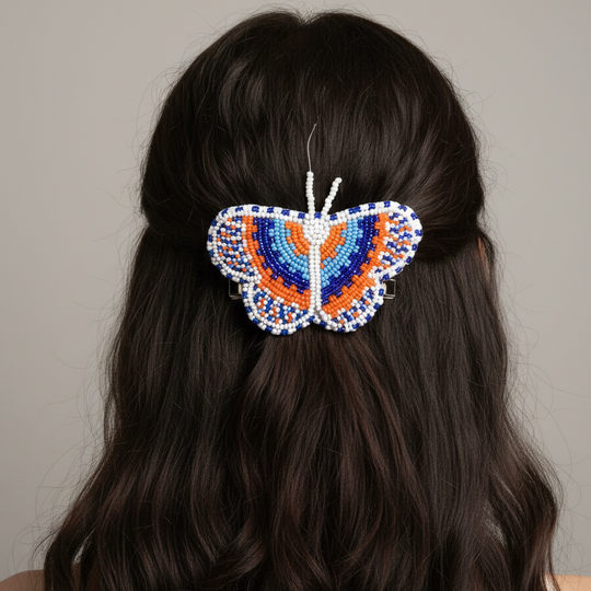 Orange and White Butterfly Beaded Barrette