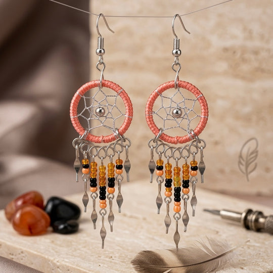 OLDTRIBES™ Rose pink beaded dream catcher earrings