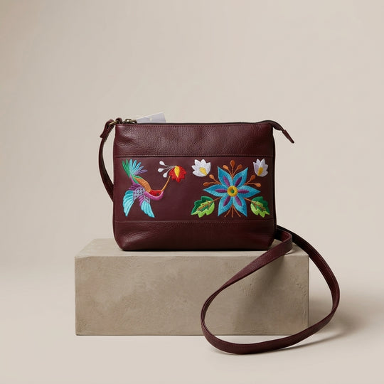 Hummingbird Embroidered Leather Crossbody Bag