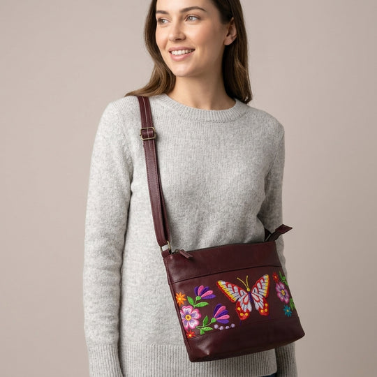Butterfly Embroidered Leather Crossbody Bag
