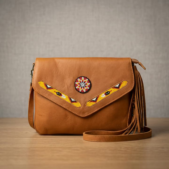 Leather beaded Crossbody bag(Brown)