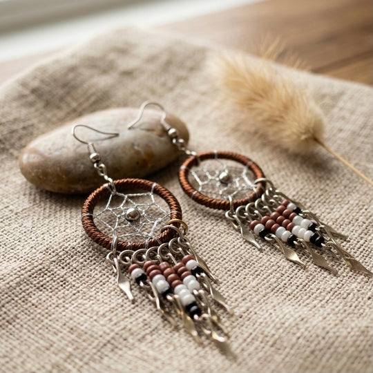 Green and Black Beaded Dreamcatcher earrings