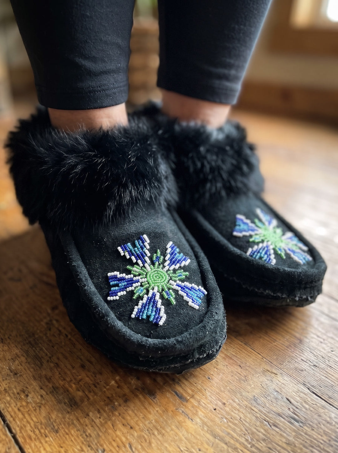 Black Moccasins with Beadwork (Size 8)