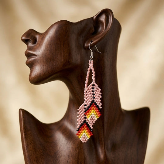 OldTribes™ lights pink Beaded Feather Earrings