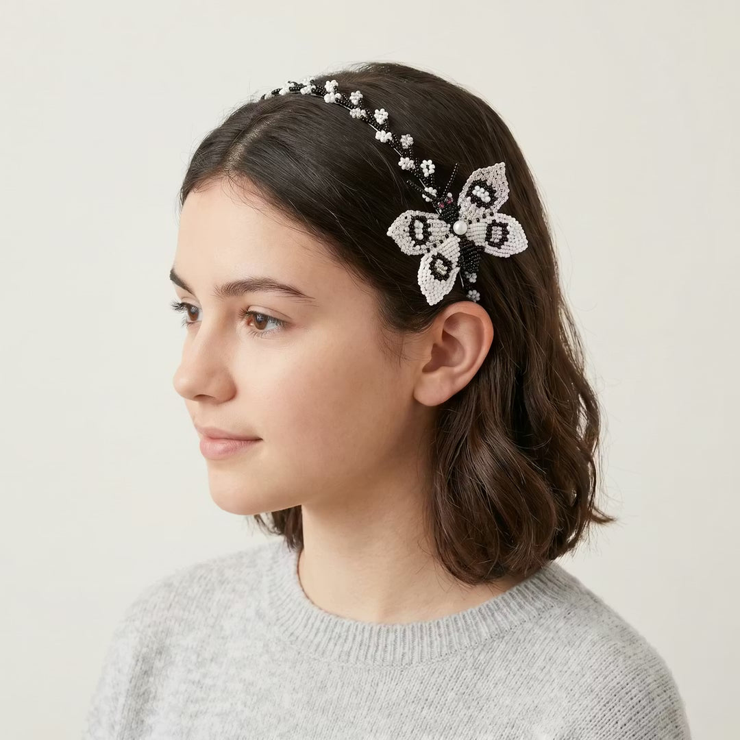 Beaded Headband with Butterfly Black