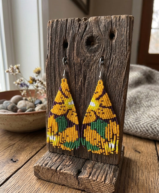 Flower Fringe Beaded Earrings (Mustard)