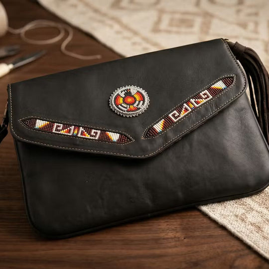 Leather beaded Crossbody bag(Chocolate Brown)