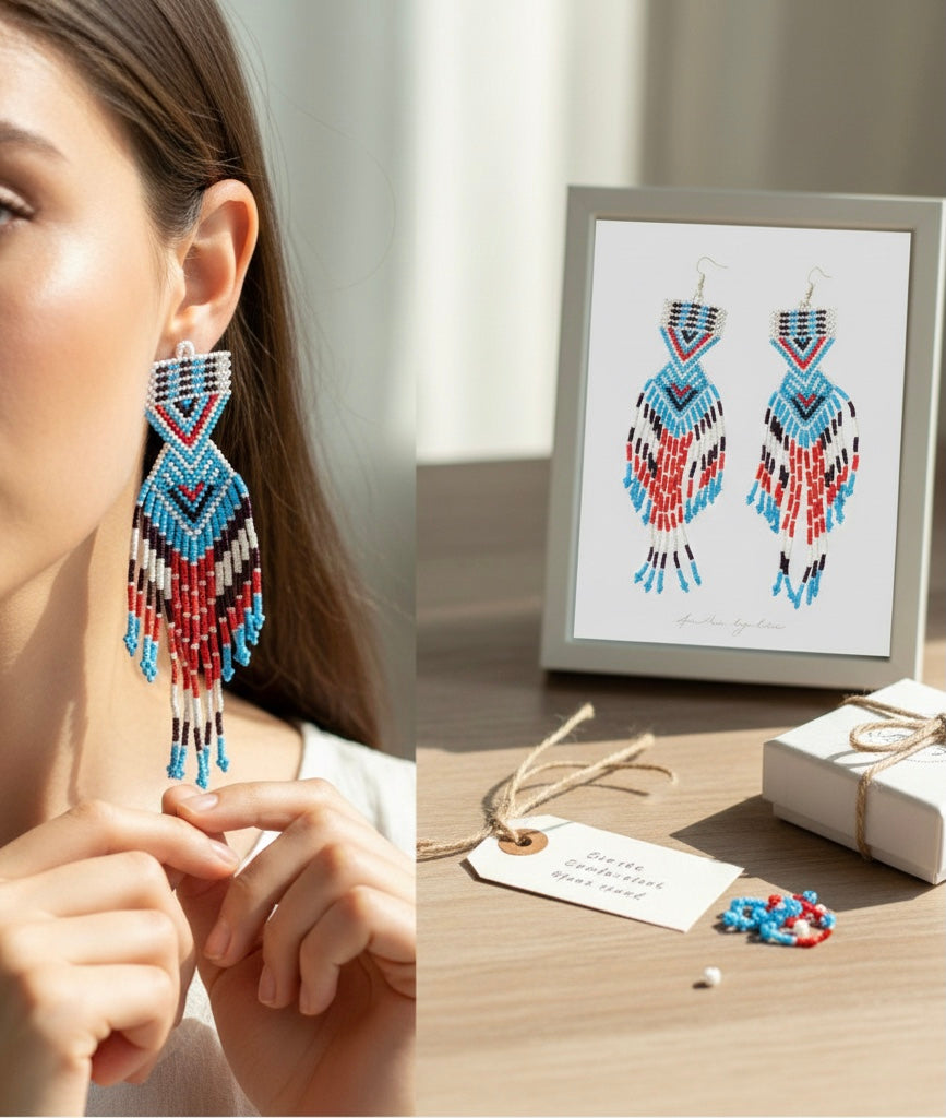 Red and blue Sunset Path Beaded Earrings