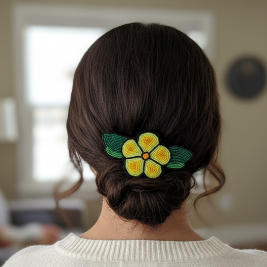 Yellow and Black Beaded Flower Barrette