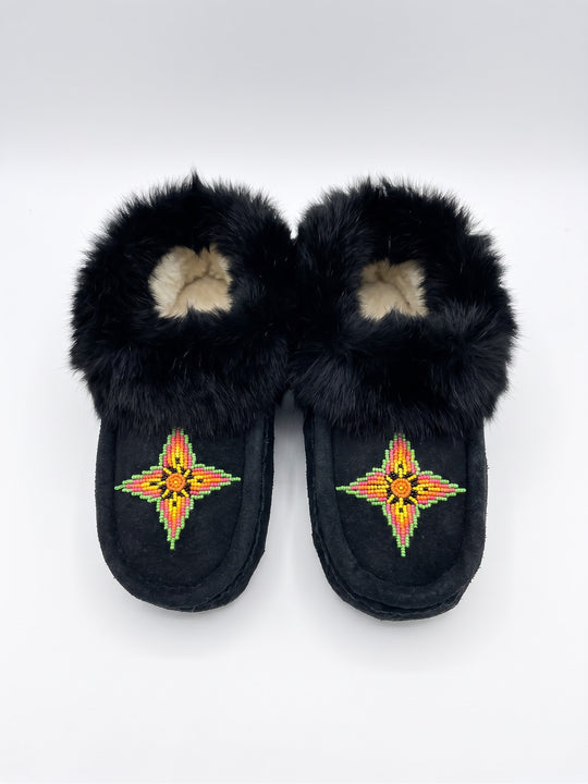 Black Moccasins with Beadwork (Size 7)