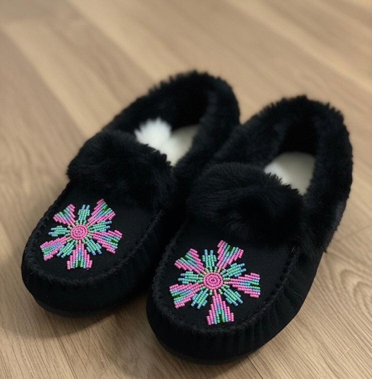 Black  Moccasins with Beadwork (Size 8)