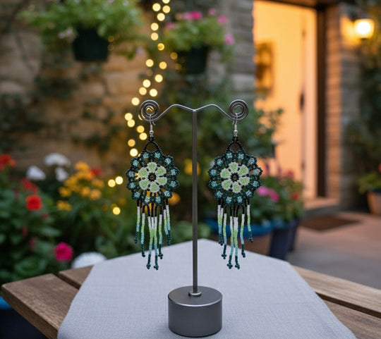 Dark Green  Flower beaded Earrings