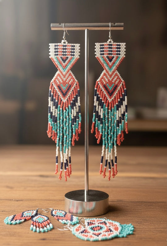 Red and White Sunset Path Beaded Earrings