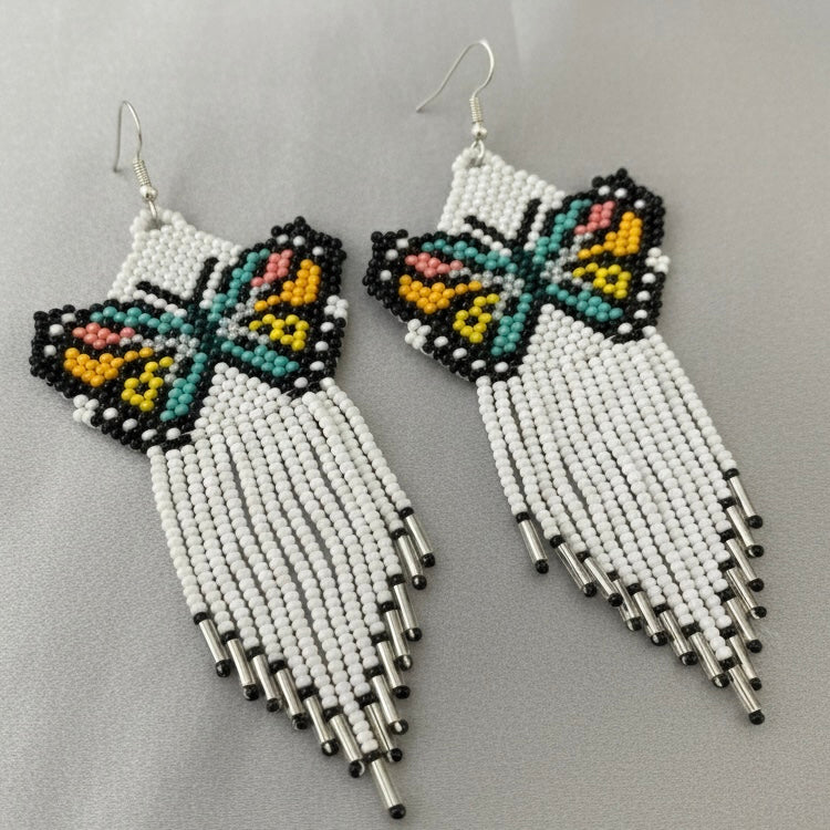 White Beaded Dancing Wing Earrings