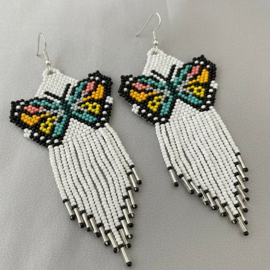 White Beaded Dancing Wing Earrings