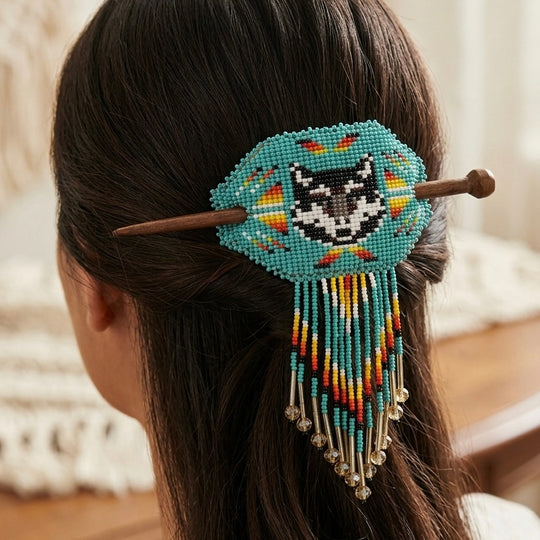 Wolf Fringed Beaded Barrette &amp; Wooden Stick
