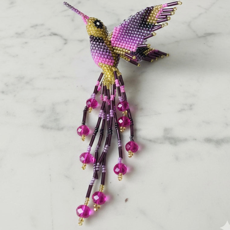 Gold pink purple Hummingbird Barrette with Fringes