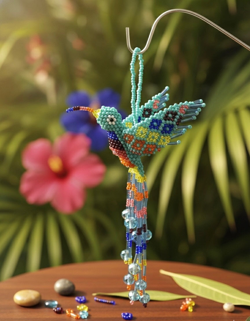 Turquoise and Neon Green Beaded HummingBird