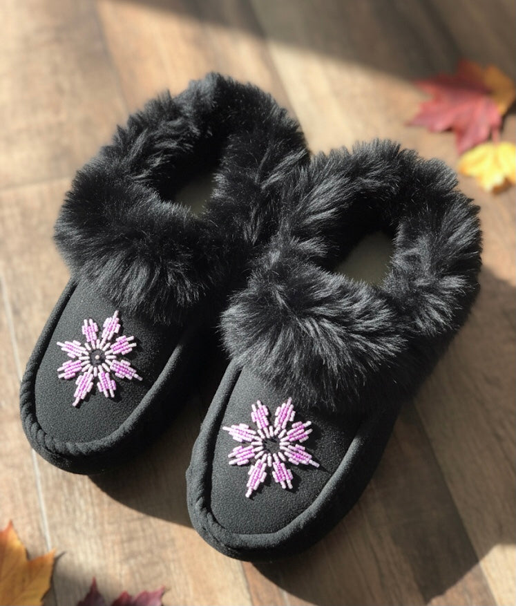 Black  Moccasins with Beadwork (Size 9)