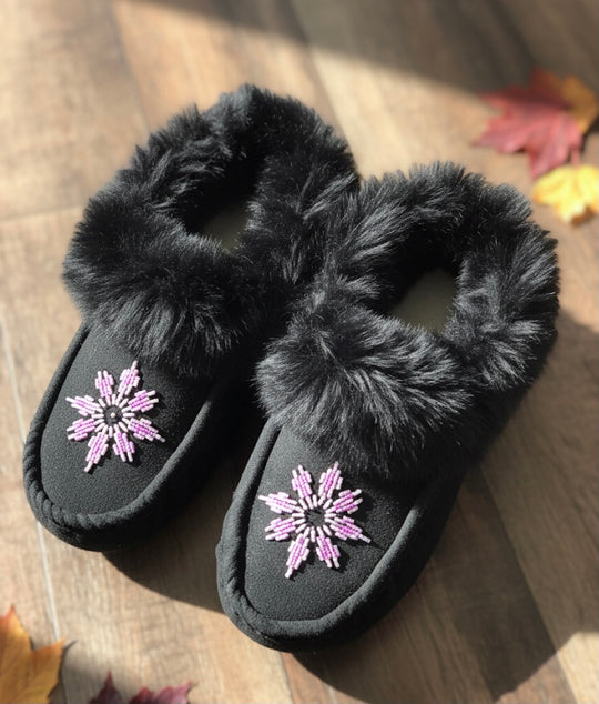 Black  Moccasins with Beadwork (Size 9)