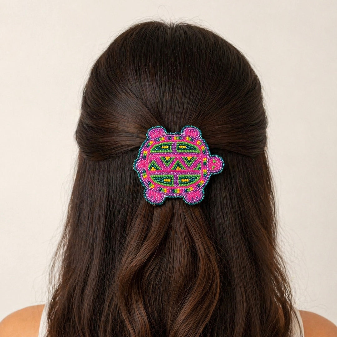 Beaded turtle Barrette pink accent