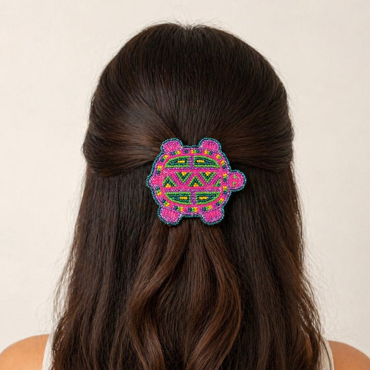 Beaded turtle Barrette pink accent