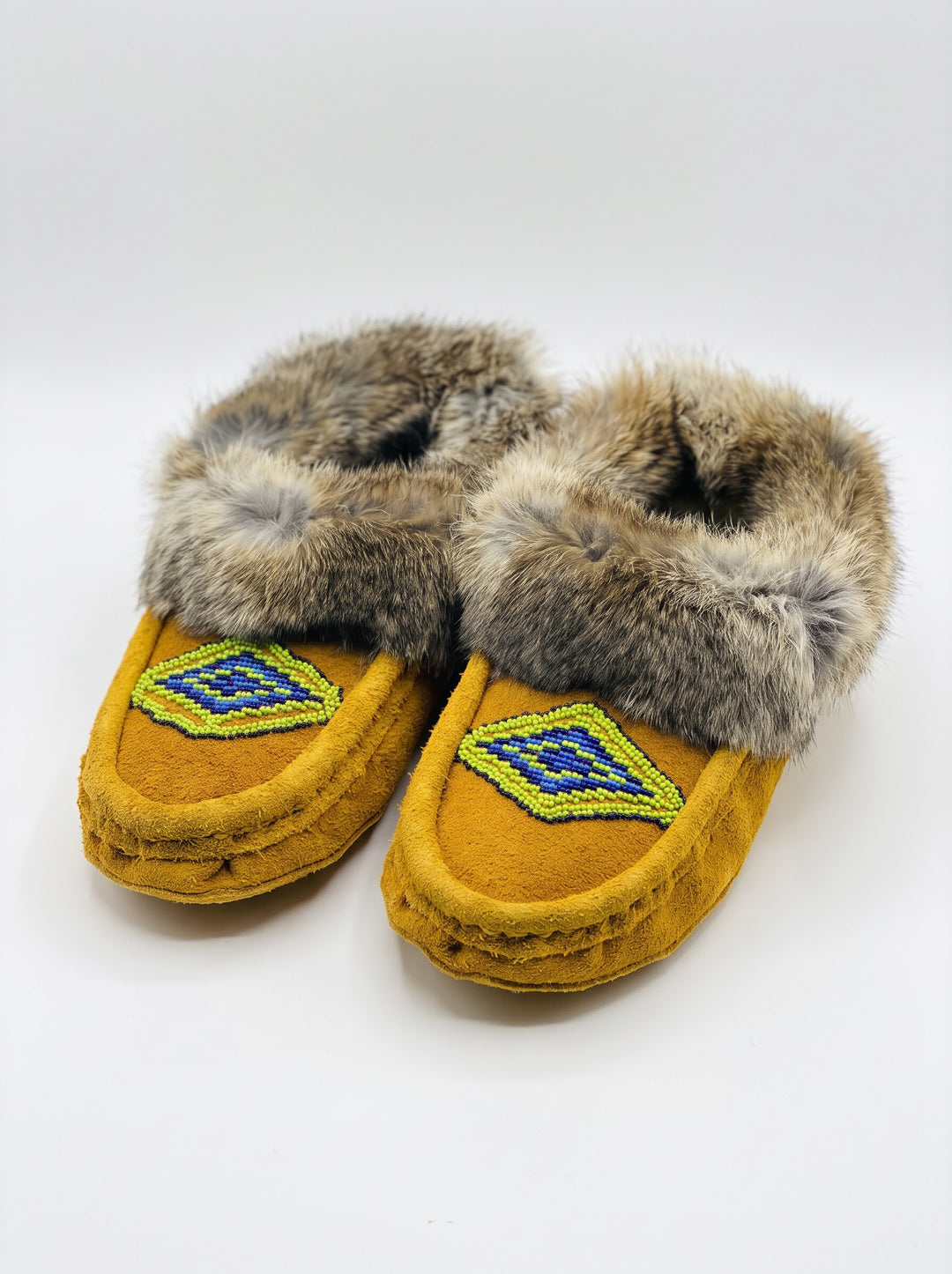 Yellow Moccasins with Beadwork (Size 8)