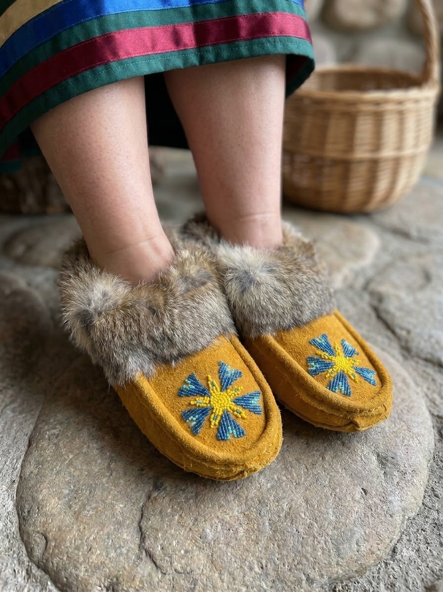 Yellow Moccasins with Beadwork (Size 7)
