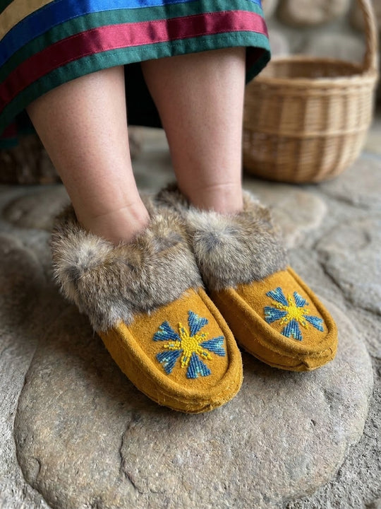 Yellow Moccasins with Beadwork (Size 7)