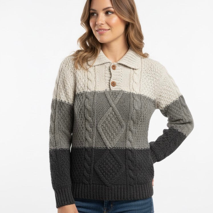 Grey and White Cayambe Alpaca Cable Knit Sweater
