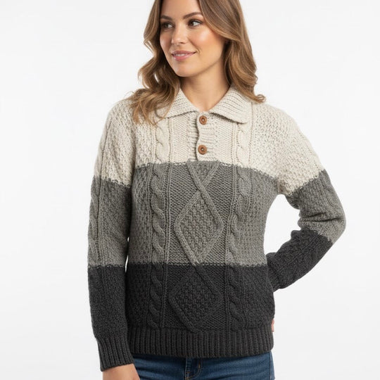 Grey and White Cayambe Alpaca Cable Knit Sweater