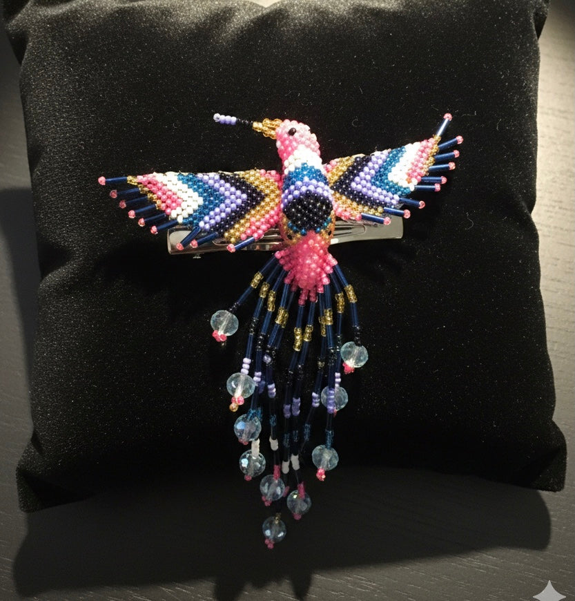 Pink white blue Hummingbird Barrette with Fringes