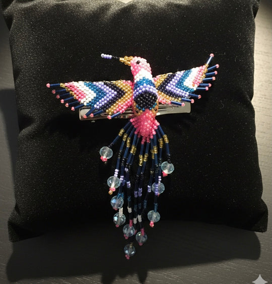 Pink white blue Hummingbird Barrette with Fringes