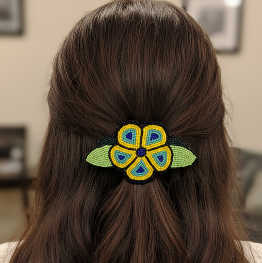 Yellow and Black Beaded Flower Barrette