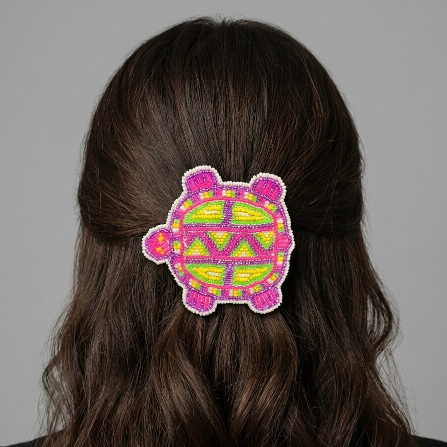 OLDTRIBES Beaded turtle Barrette pink accent