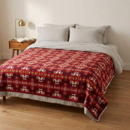Southwestern Style Sherpa-Lined Queen Blanket(Red)