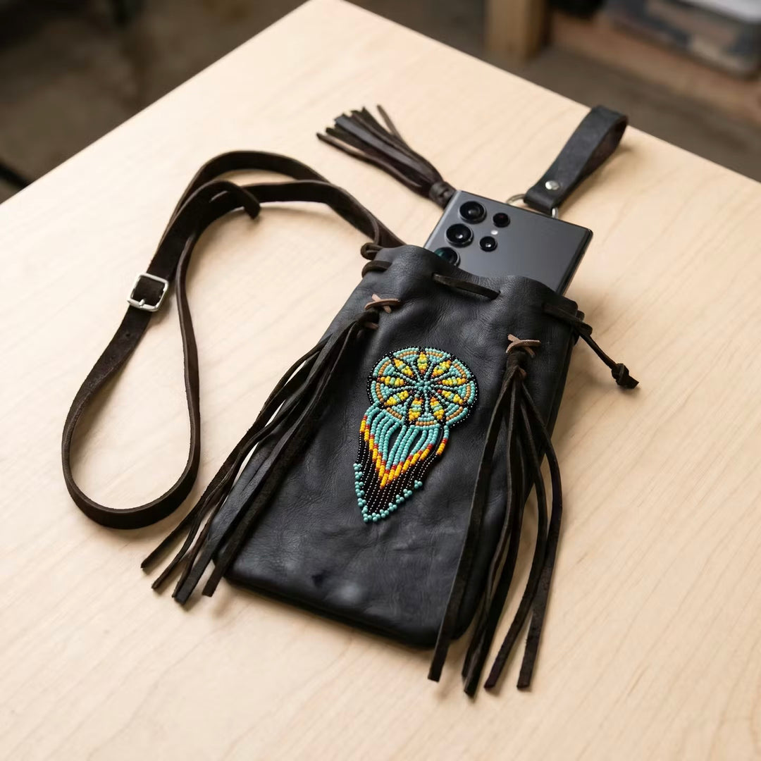 Beaded Suede Phone Pouch ~ Chocolate brown