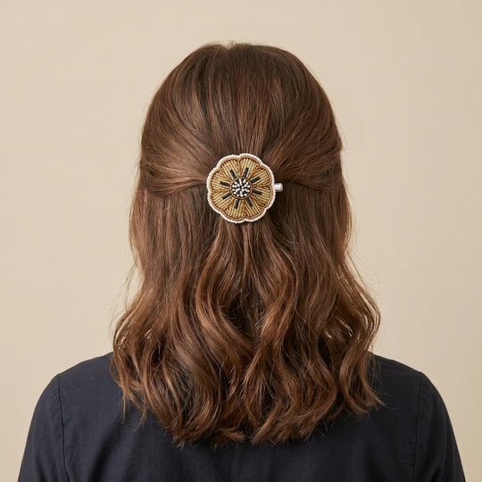Golden Beaded Flower Barrette