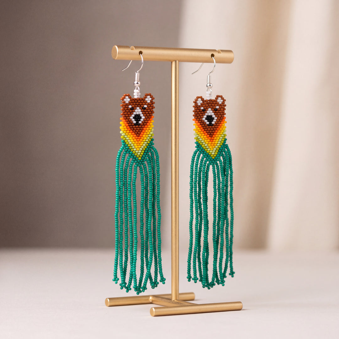 Red - Green Native Bear Beaded Earrings