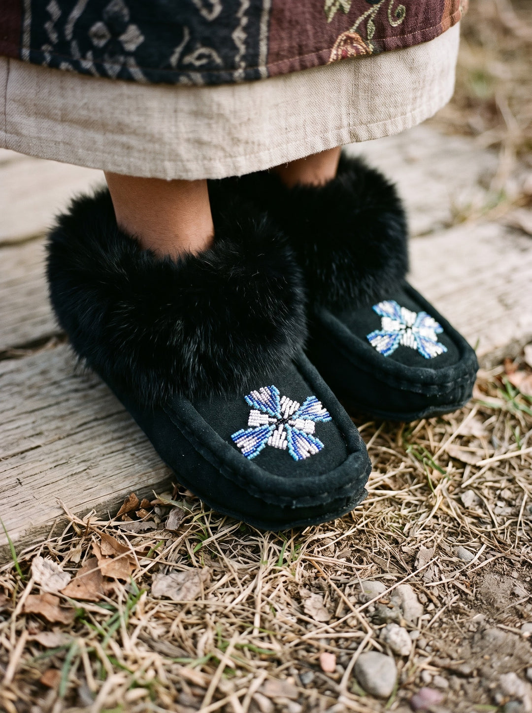 Black Moccasins with Beadwork (Size 8)