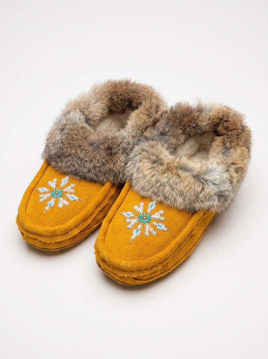 Yellow Moccasins with Beadwork (Size 10)