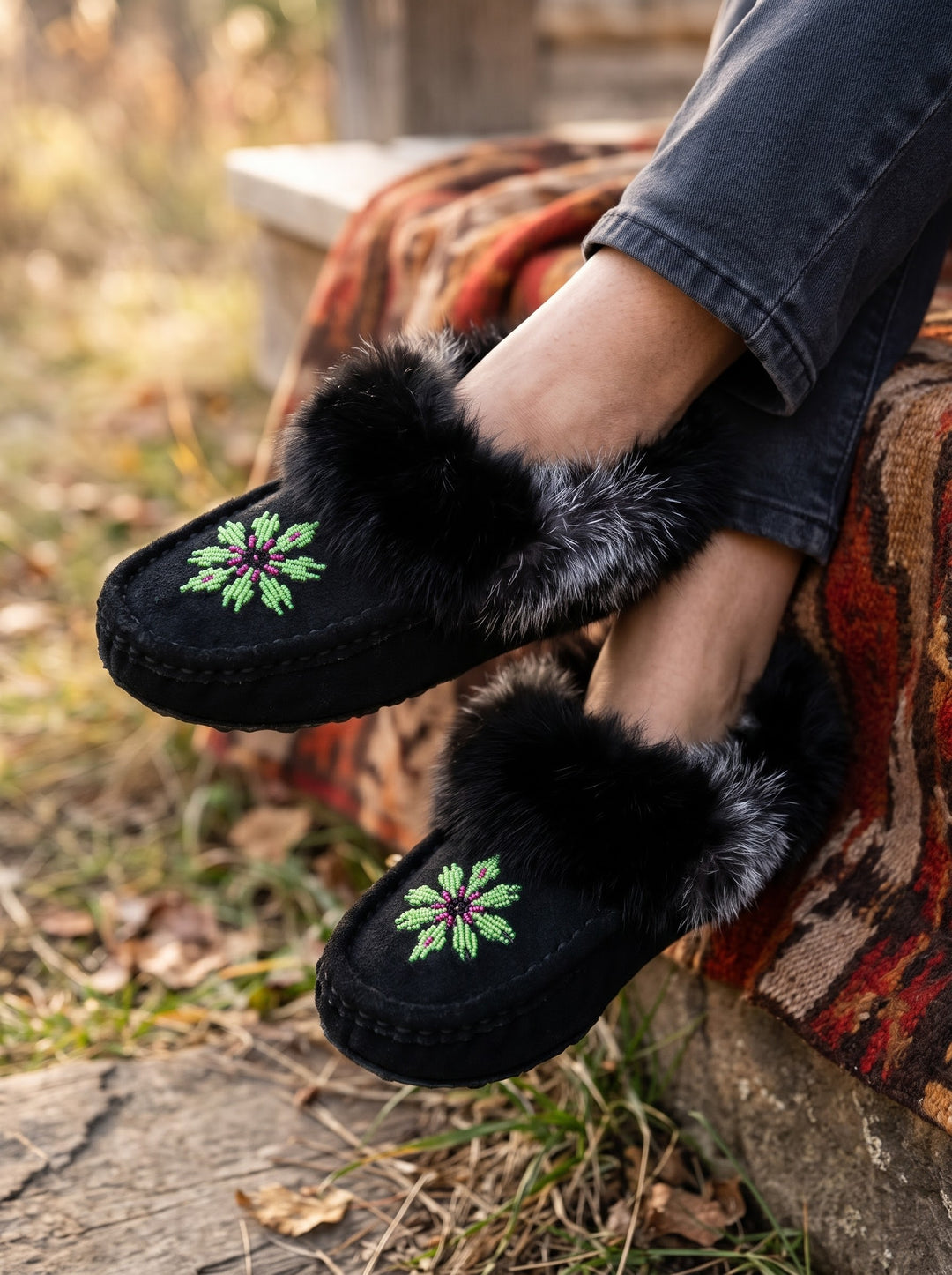 Black Moccasins with Beadwork (Size 7)