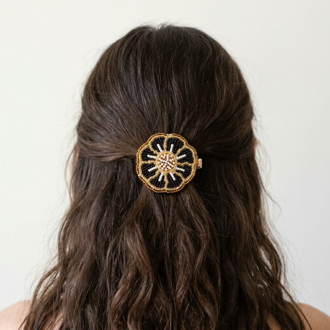 Golden Beaded Flower Barrette