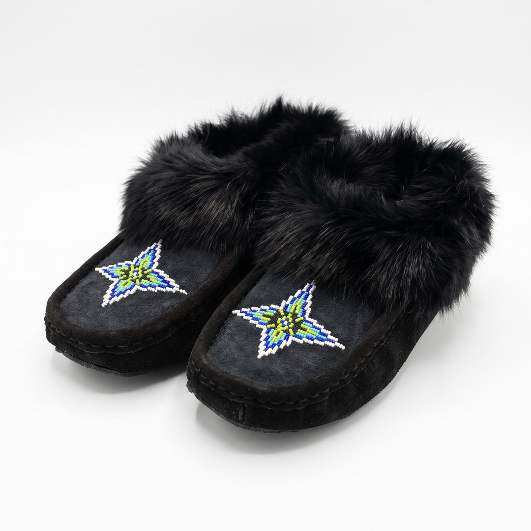 Black Moccasins with Beadwork (Size 10)