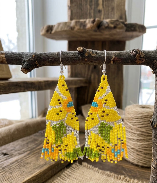 Flower Fringe Beaded Earrings (Yellow)
