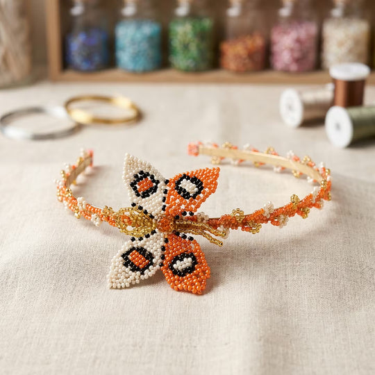 Beaded Headband with Butterfly Orange & White