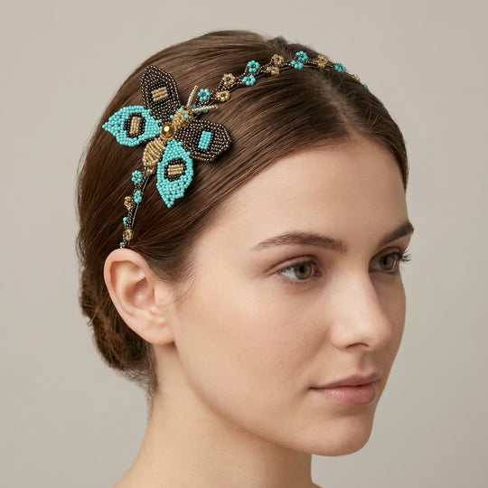 Beaded Headband with Butterfly Turquoise