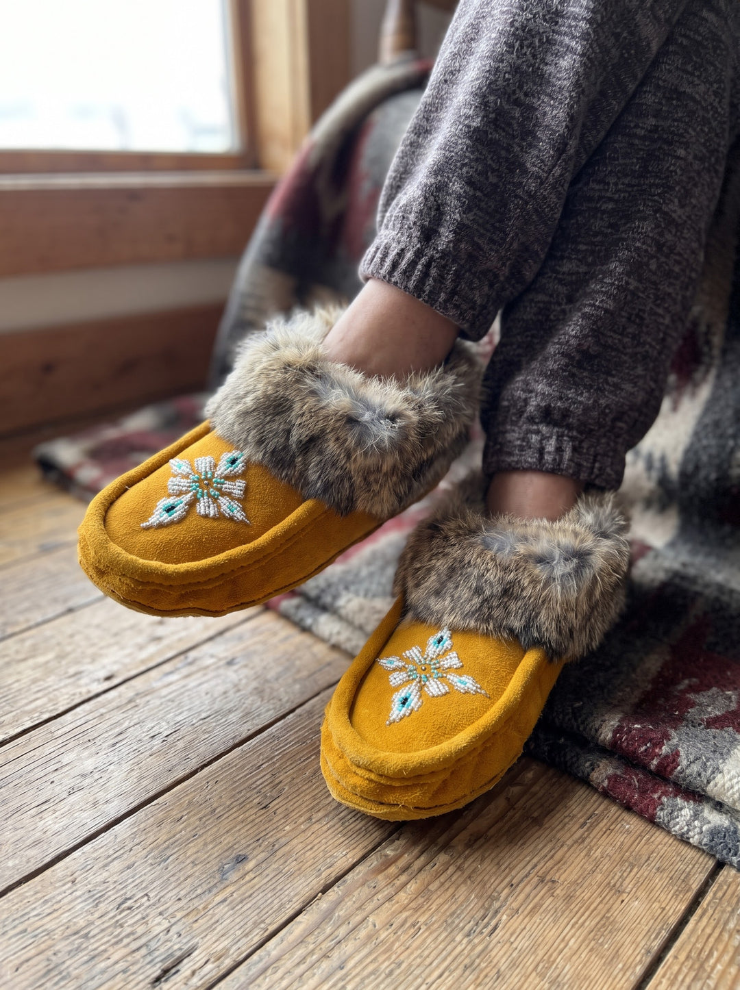 Yellow Moccasins with Beadwork (Size 8)