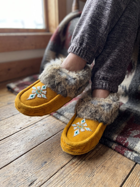 Yellow Moccasins with Beadwork (Size 8)